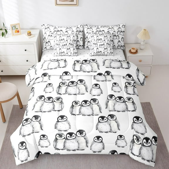 Erosebridal Penguin Bedding Sets for Teens, Antarctic Animal Comforter Sets with Sheets, Cartoon Theme Reversible Bed Sheets Set, Ultra Soft Bedroom Decor, 7pcs