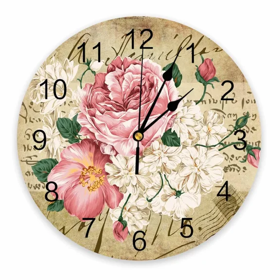 Rose Flower Bouquet Retro Decorative Round Wall Clock Arabic Numerals Design Non Ticking Wall Clock Large For Bedrooms Bathroom（10 Inch）