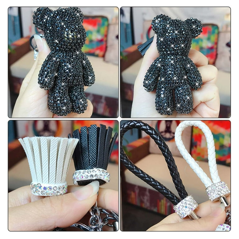 Black Crystal Bear Keychains Cute Keyrings Tassel Black Rope 