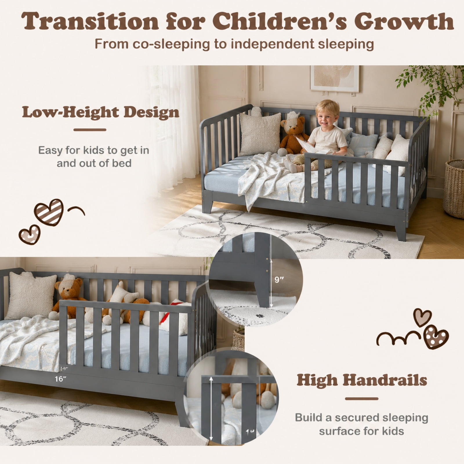 Furnibear Gray and White Twin Wood House Floor Bed Montessori Frame with 2 Shelves and High Guardrails, a Low Profile Twin Size Loft Bed and Full Size Bed Frame Alternative to a Queen Bed Frame