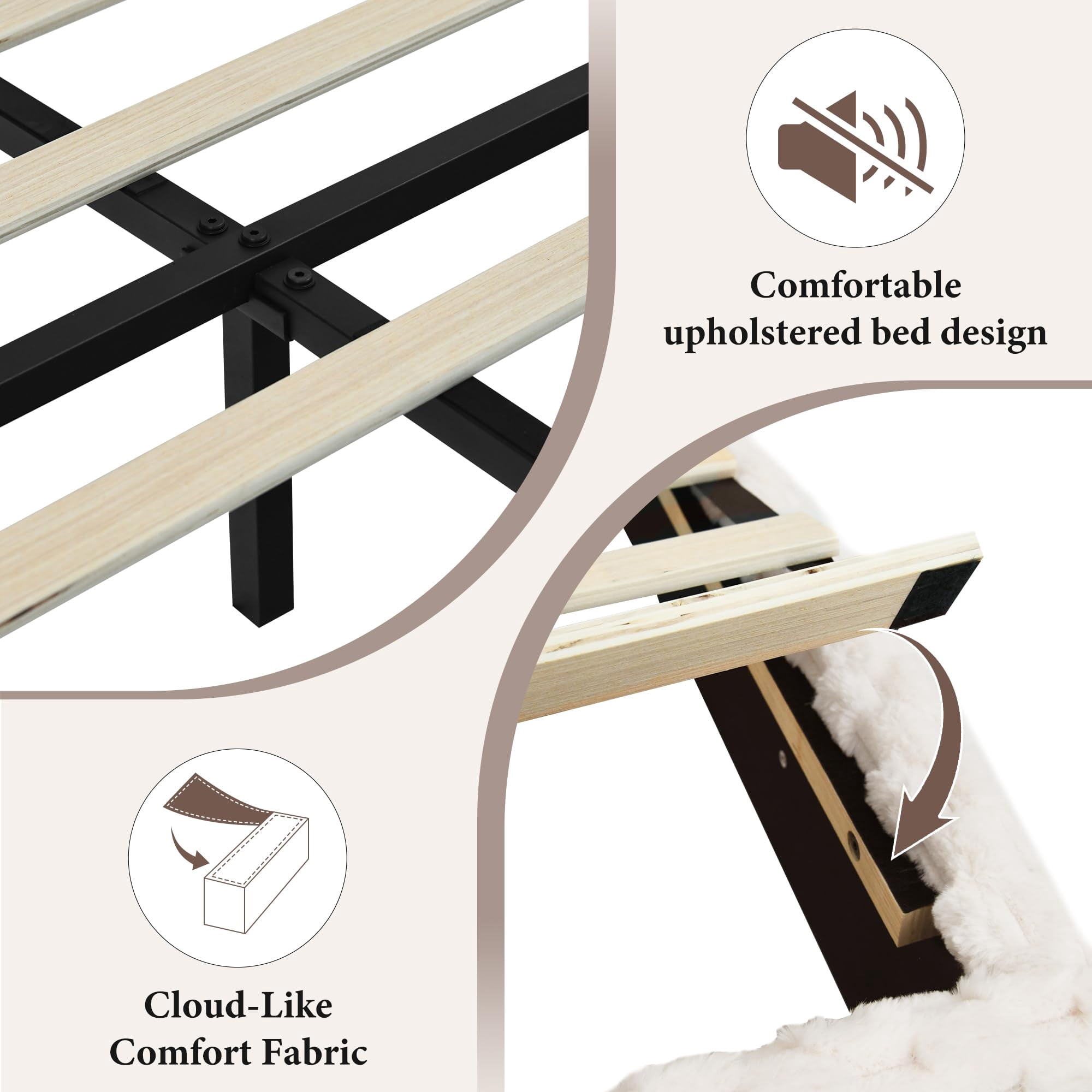 4 EVER WINNER Queen Bed Frame, Queen Size bed Frame with Headboard, Upholstered Bed Frame with Removable Pillows, Cream