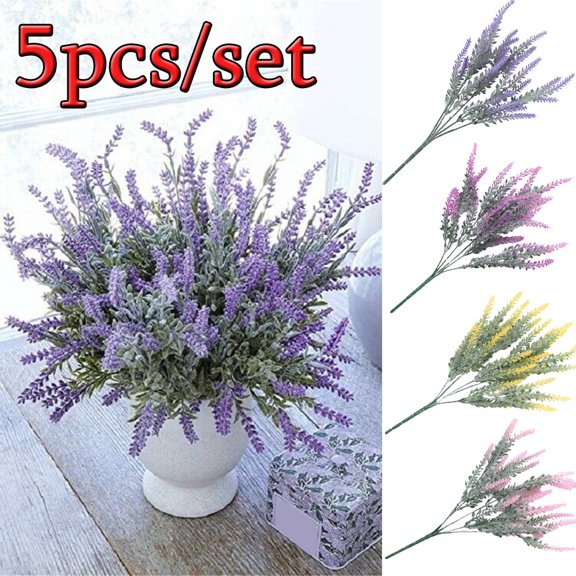 LINASHI 5 Bundles Artificial Flowers Lavender Bundle Fake Plants Wedding Outdoor Garden Patio Office Table Centerpieces Arrangements Christmas Decor