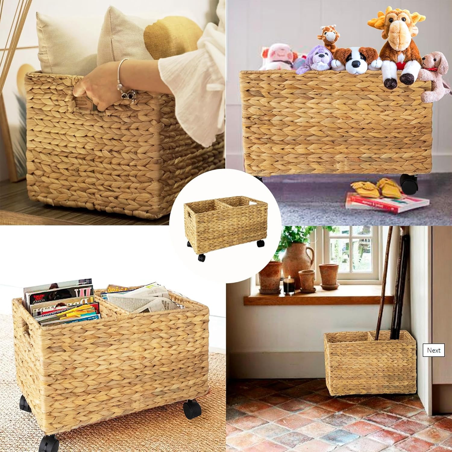 Rolling Wicker Storage Basket Set of 2 – Natural Water Hyacinth & Seagrass Bins on Wheels with Removable Divider & Insert Handles – Nesting Design for Under Desk, Home & Office Organization