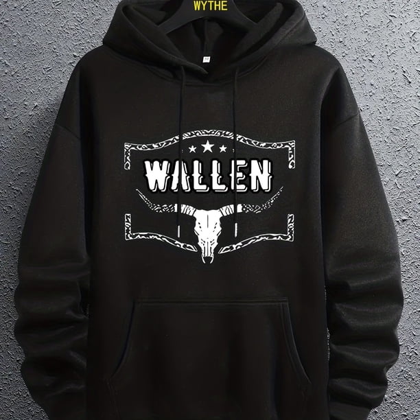 Wallen & Bull Skull Print Hoodie, Hoodies Para Hombres, Sudadera Con Capucha De Diseño Gráfico Casual Para Hombres Con Bolsillo Canguro Para Primavera Otoño, Como Regalos