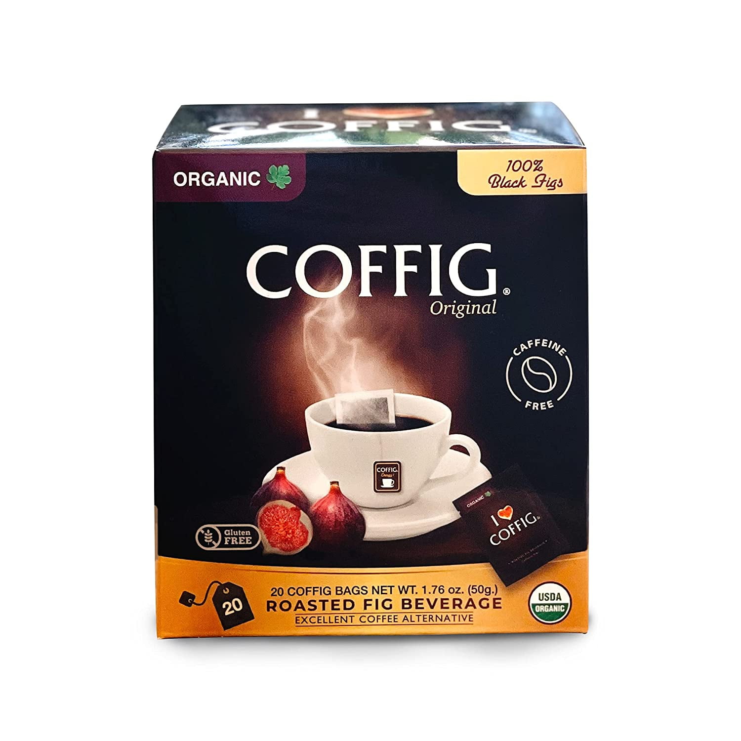 Coffig Original Organic Coffee Substitute, Roasted Fig Beverage, Travel-Sized Sachets, Caffeine-Free Herbal Energy Drinks, Carton of 20 Tea Bags
