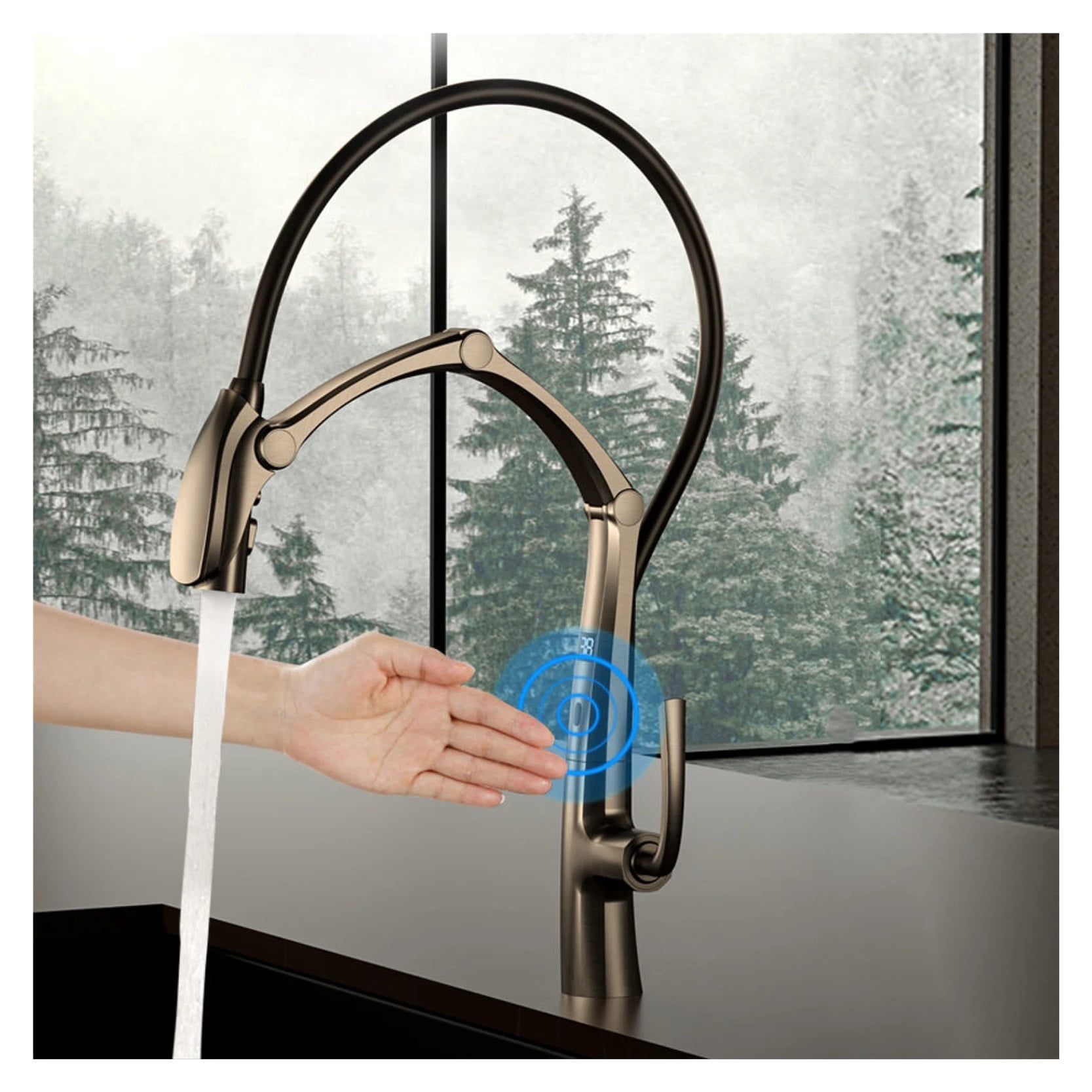 Luxury Brass Gun Gray Kitchen Faucet, Digital Display Intelligent Induction Magnetic Suction Pull-Out Design Cold & Hot Sink Tap