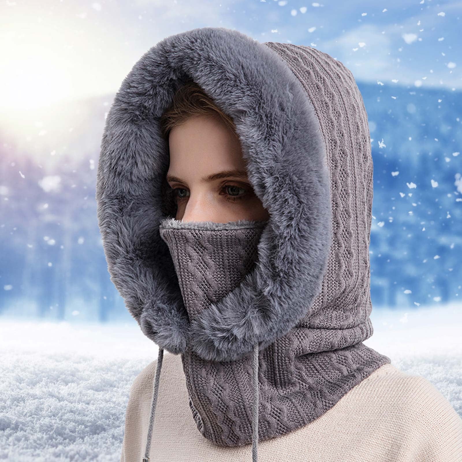 GPOECD Winter Thermal Hooded Face for Women Outdoor Ski Riding Cold Weather Protective Headgear with Integrated Bib Grey,One Size