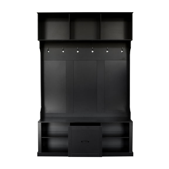 CQSXDA 57 Inch Hall Tree With 6 Hooks And Entryway Bench Design, For Organizing Your Living Room Space, Black