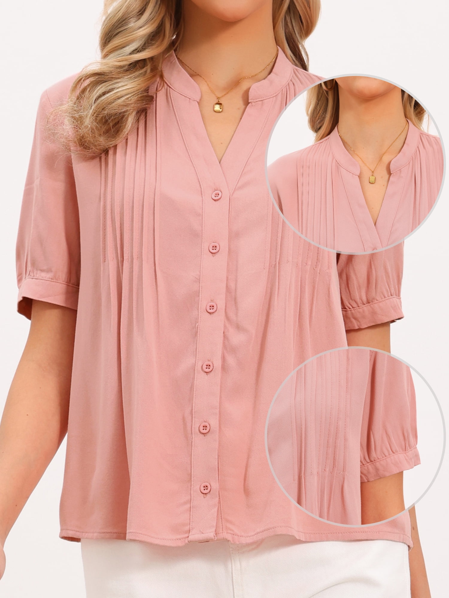 DARING DIVA Women's Button Down Tops Short Sleeve Pleated Front V Neck Blouse XS Pink