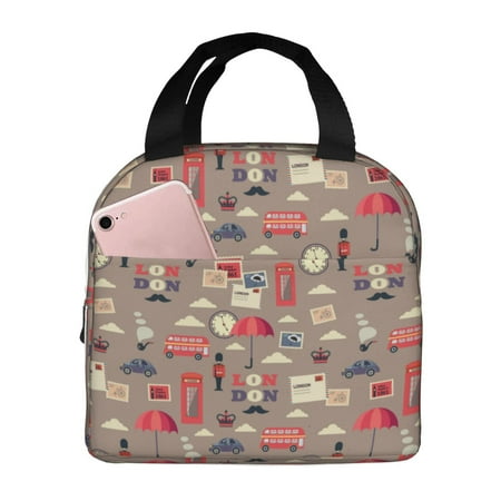 Insulated Lunch Bag for Women Men - London Stamp Pattern Leakproof Cooler Lunch Box for Women Men  Lunch Tote Bags for Work School Picnic Travel