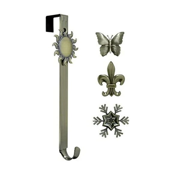 Haute Decor Adjustable Metal Wreath Hanger with Sun Icon and More, Brass