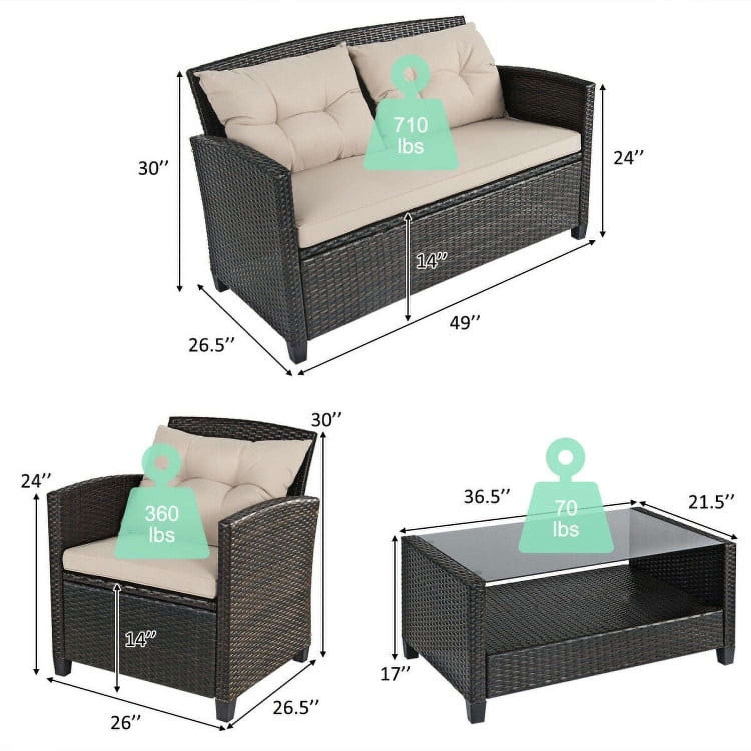 Aimee Lii 4 Pieces Outdoor Rattan Wicker Loveseat Furniture Set with Glass Table, Small Patio Set, Khaki Aimee Lii 4 Pieces Outdoor Rattan Wicker Loveseat Furniture Set with Glass Table, Small Patio Set, Khaki