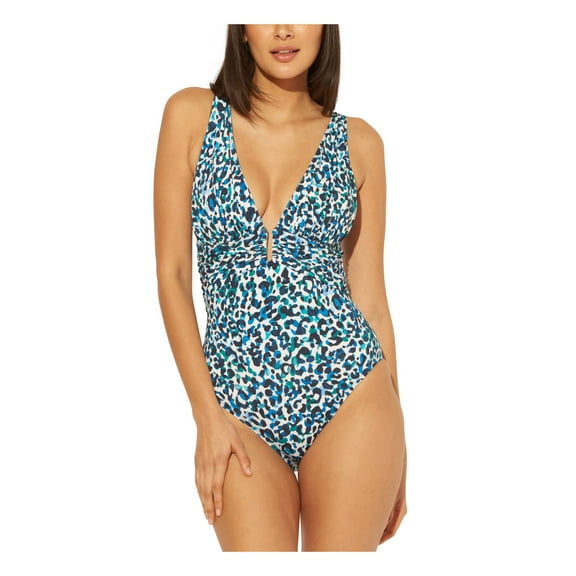 BLEU Women's Navy Animal Print Stretch Plunge V-Neck Shirred Moderate Coverage Adjustable One Piece Swimsuit 8