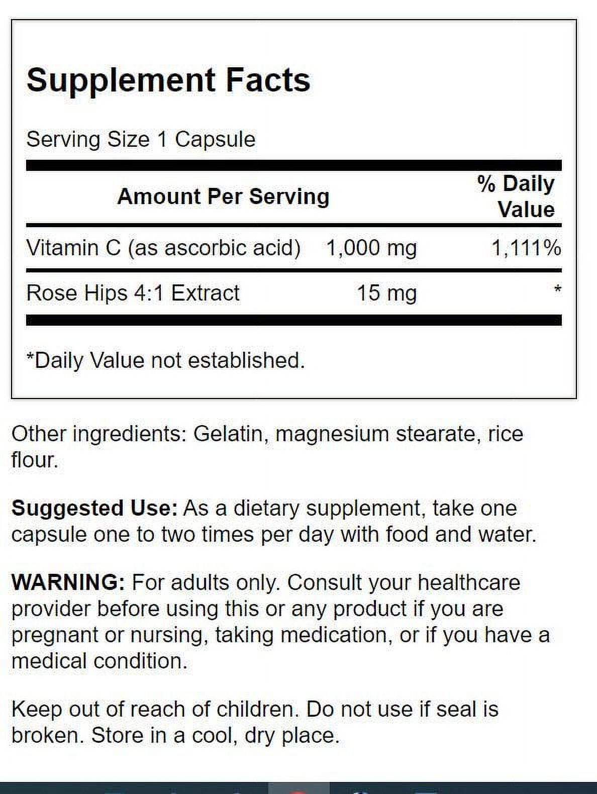 Swanson Vitamin C with Rose Hips Capsules, 1,000 mg, 250 Count - image 3 of 5