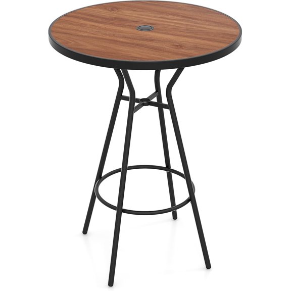 Tangkula 28” Outdoor Bar Table, Round Bar Height Table with Wood-Like Tabletop, Umbrella Hole & Footrest, Patio Bistro Table, High Top Table for Backyard, Garden & Deck