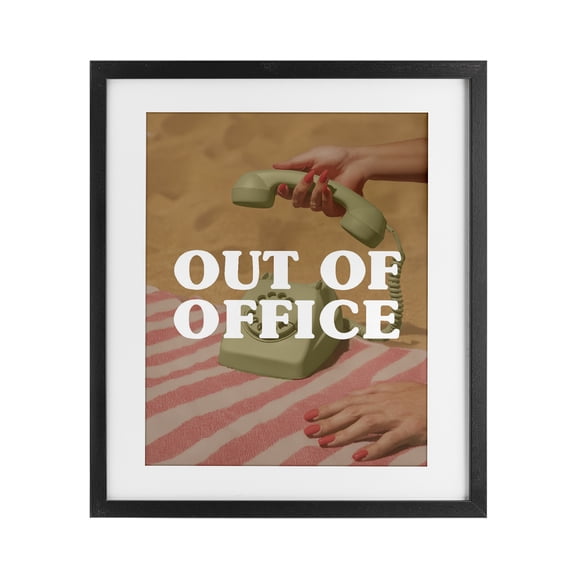 Out of Office Green Phone Black Framed Print Under Glass, design by Lil' Rue