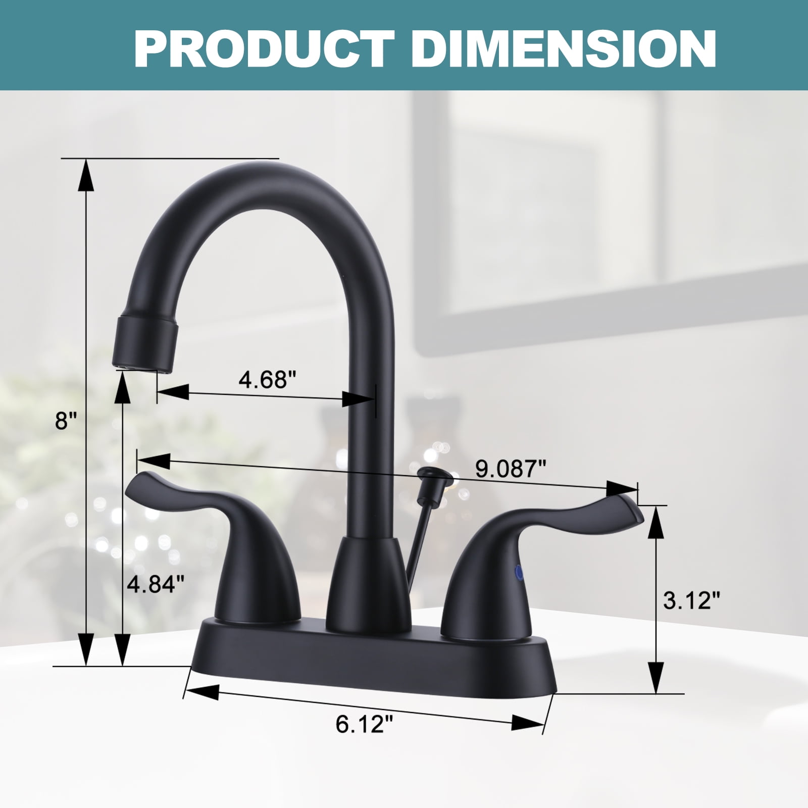 WOWOW Matte Black Bathroom Faucet, 2 Handle Basin Faucet, 4 Inch Centerset Bathroom Faucet with Drain Assembly and Supply Hoses, Bathroom Sink Faucet Black