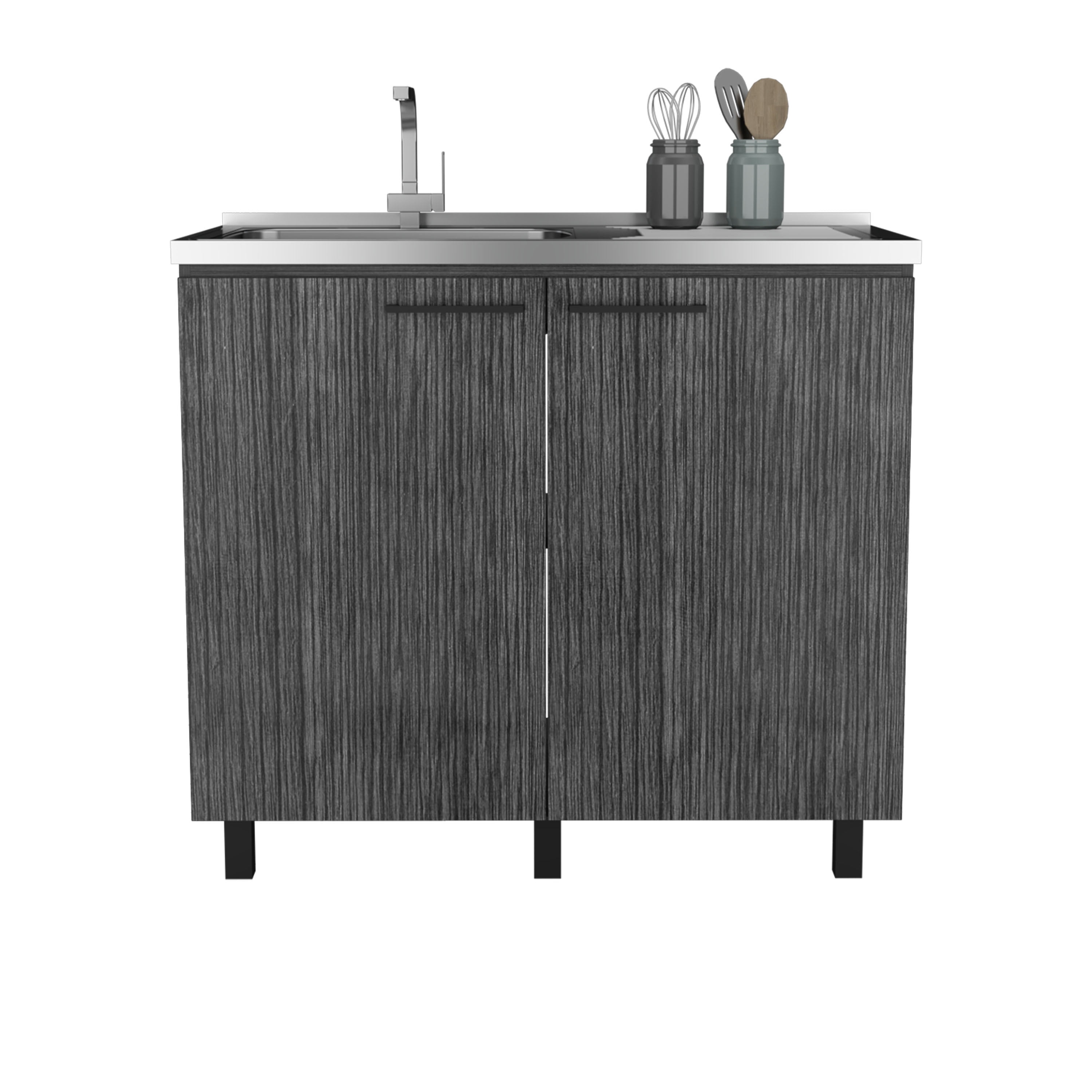 Izzovium Napoles 2 Utility Sink with Cabinet, 39.4x20.4x30.8in, Stainless Steel Countertop & Smokey Oak Shelf, Smoke Grey for Kitchen/Laundry