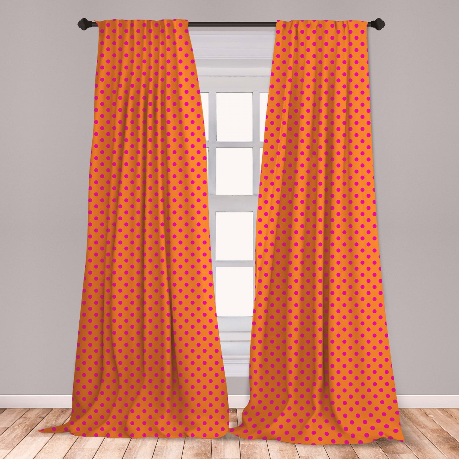 Orange and Pink Curtains 2 Panels Set, Abstract Polka Dotted