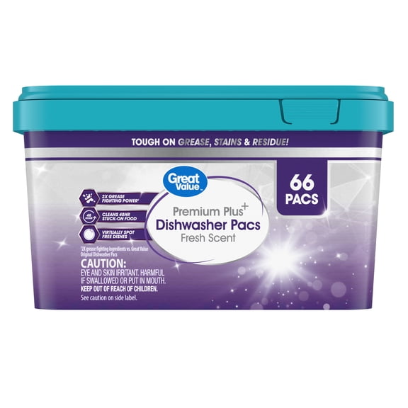 Great Value Premium Plus Dishwasher Pacs, Fresh Scent, 66 Count