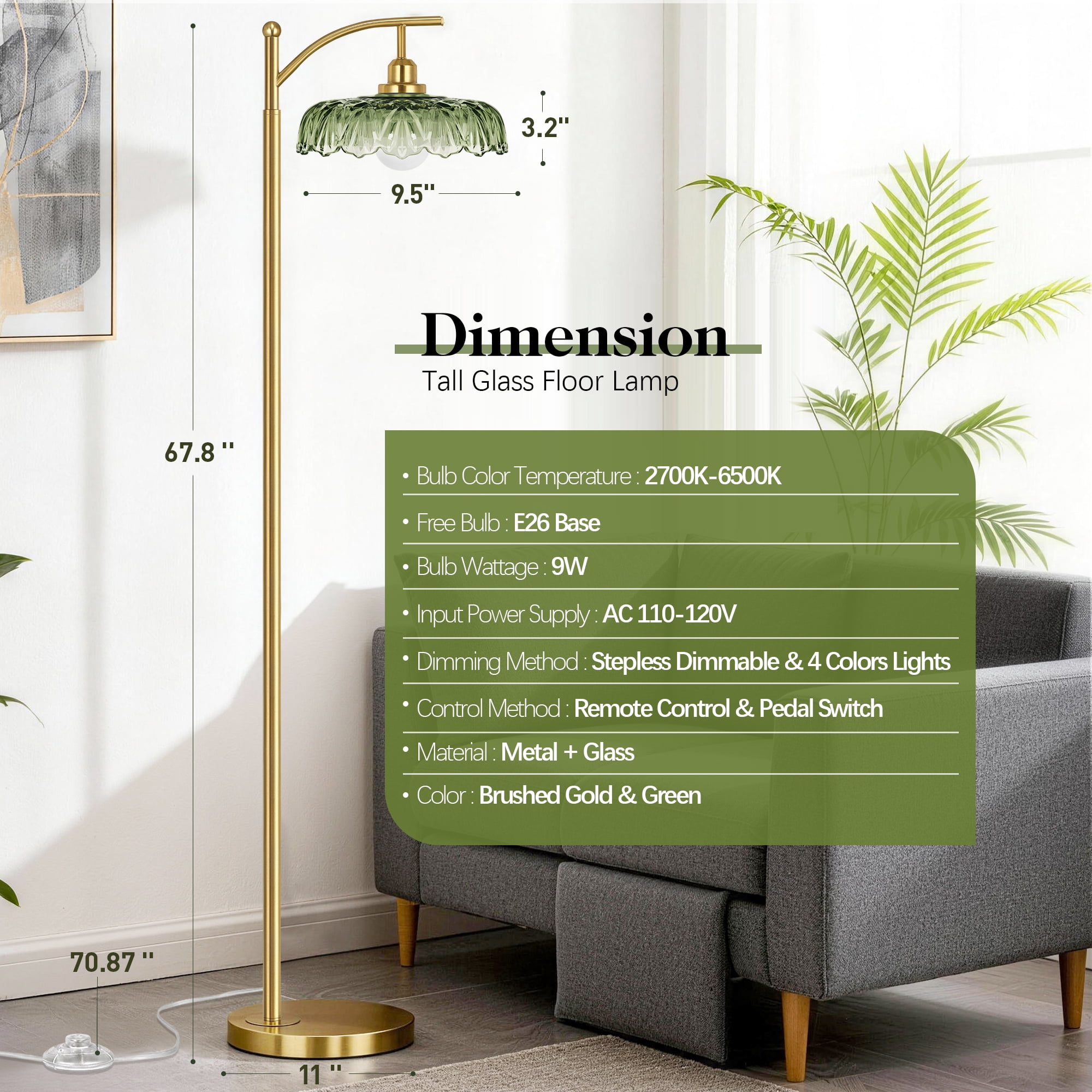 68in Gold Floor Lamp for Living Room Mid Century Modern Standing Lamp with Green Glass Shade, Flower Lamp