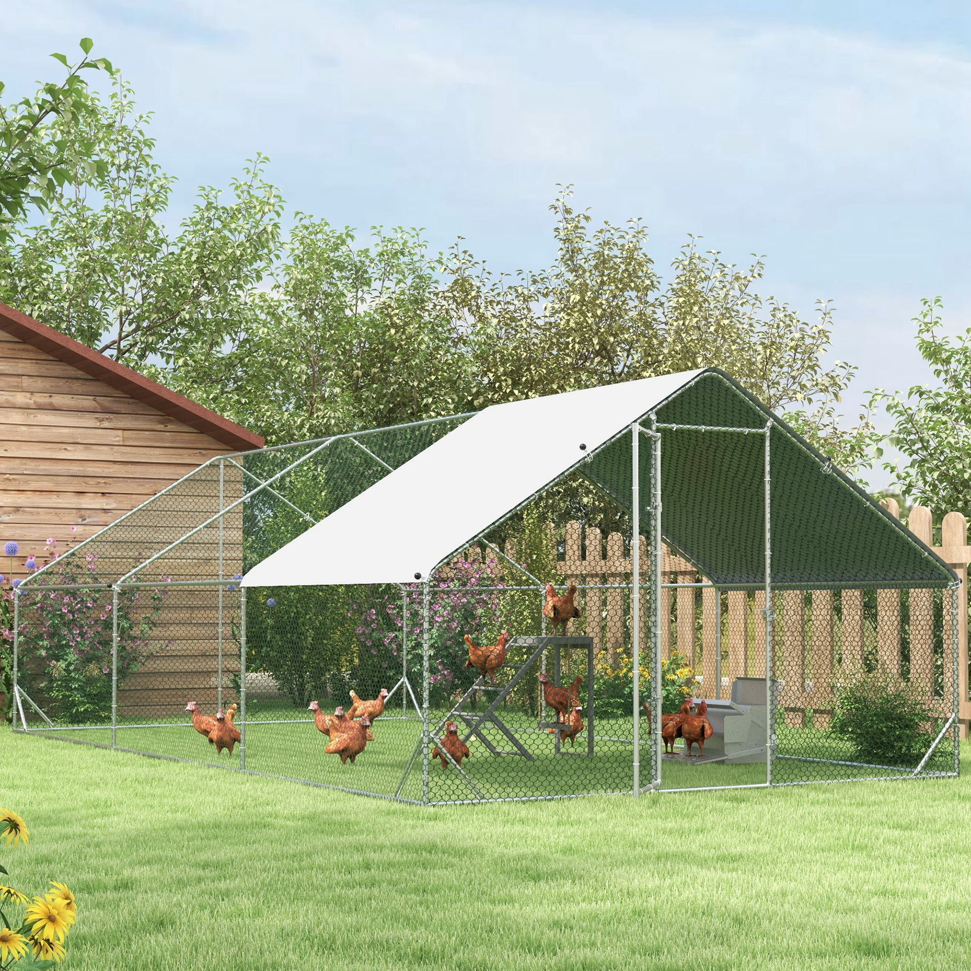 PawHut Galvanized Metal Chicken Coop Walk-in Enclosure w/ Cover for Outdoor