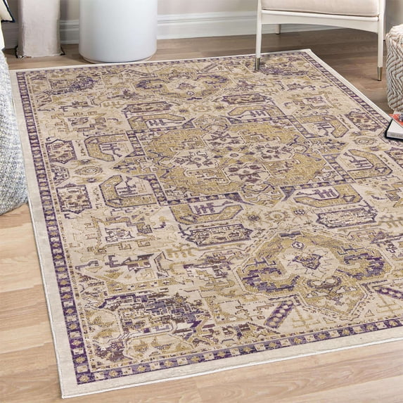 Vintage Decorative Rug, Weathered Look Abstract Square Details Retro Ethnic Themed Ornament, Quality Carpet for Bedroom Dorm and Living Room, 6 Sizes, Ecru Mustard and Quartz, by Ambesonne