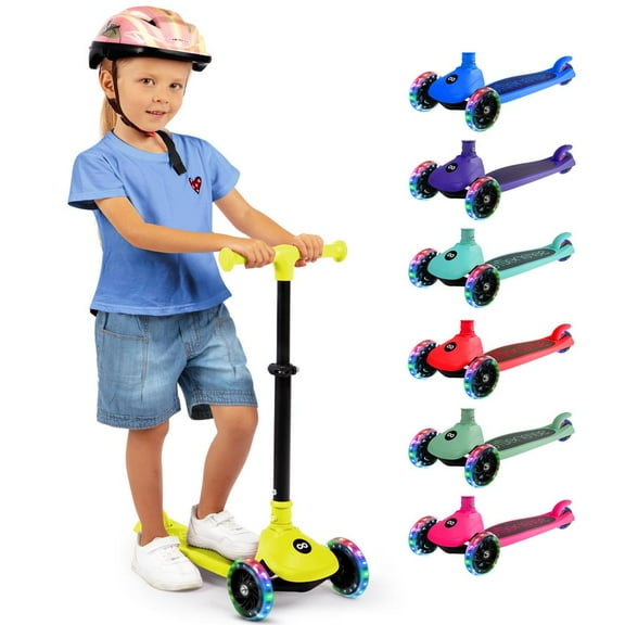 3-Wheel Foldable Kids Scooter - Child Toy Scooter with Built-in LED Wheel Lights, and Easy Maneuvering Lean-to-Steer Technology (Yellow)