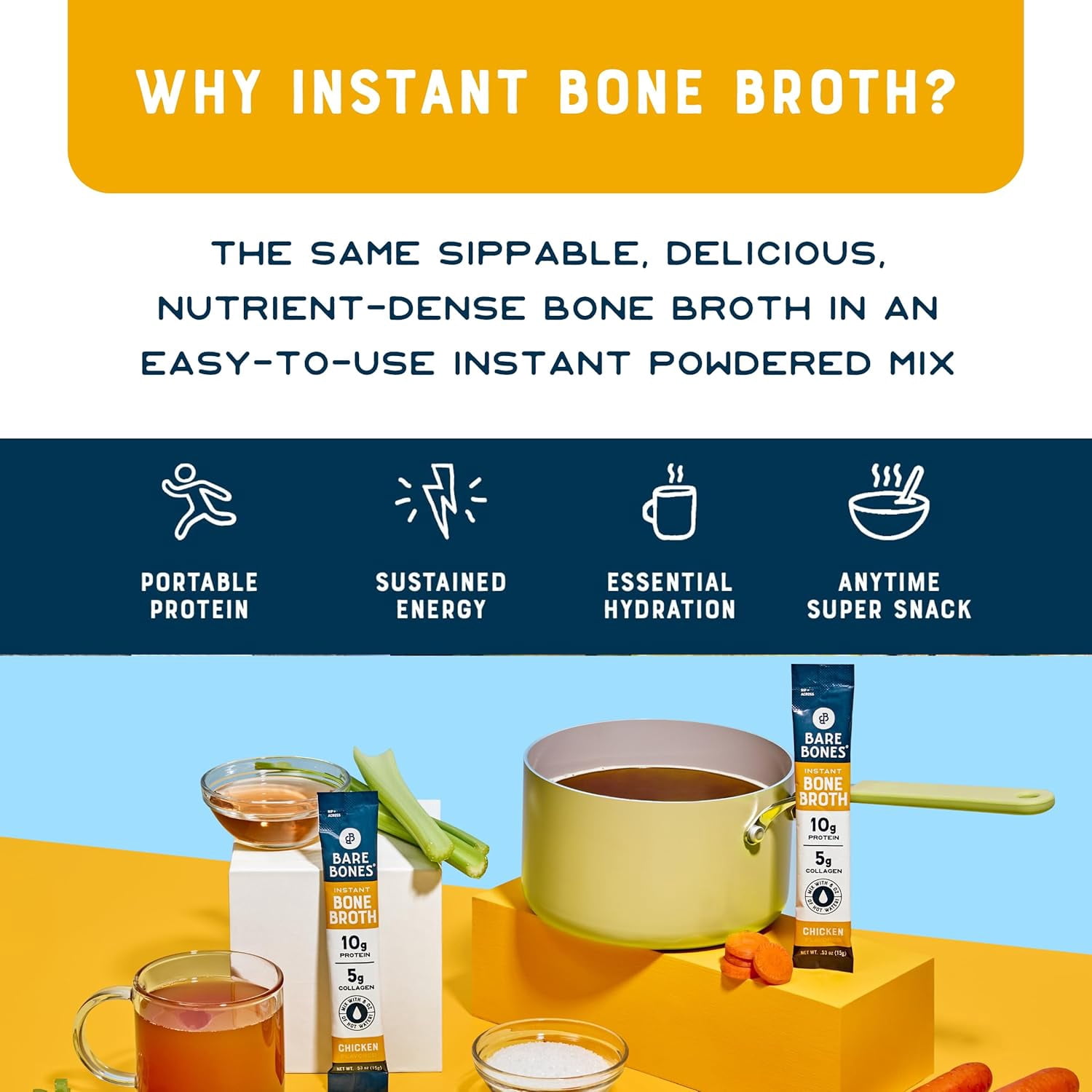 Bare Bones Instant Chicken Bone Broth Sticks, 10G Protein, 4.23 oz, 2-pack of 8