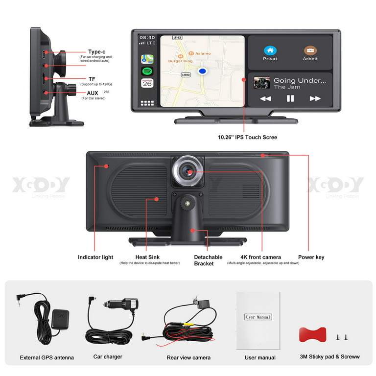 XGODY 4K IPS Screen 10.26 Car Dash Cam Portable Wireless Carplay Car  Stereo with Bluetooth - Split Screen,Voice Command,Android Auto Car Radio  Receiver with 1080P Backup Camera 