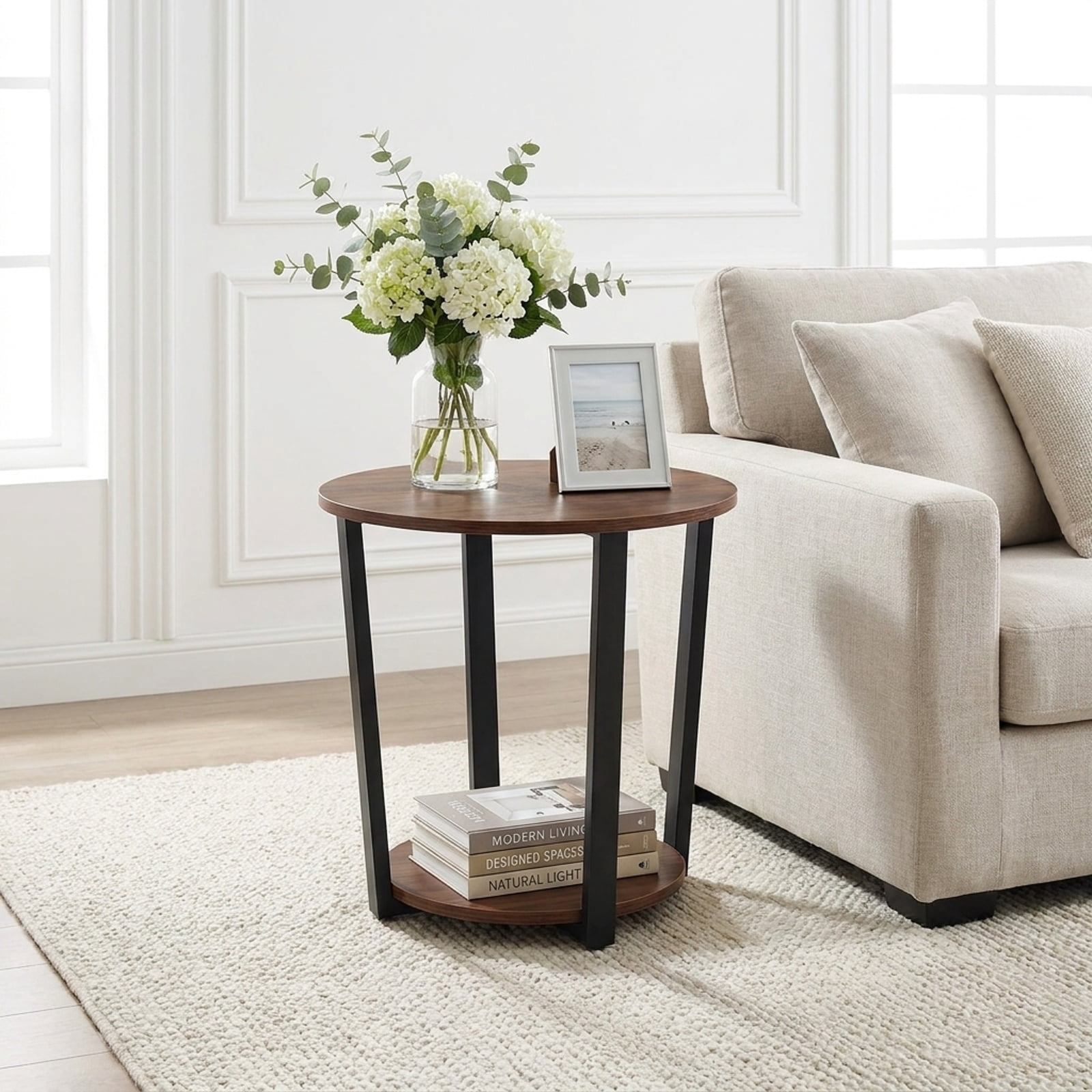 Furnibear Round End Table with Open Bottom Shelf and Reinforced Metal X Frame for Living Room Bedroom and Small Space Storage, Walnut