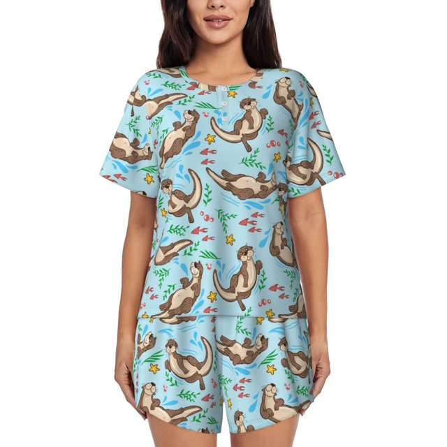 Fotbe Cute Otters Conjunto de Pijama Estampado para Mujer, 2 Piezas, Ropa de Dormir con Camiseta de Manga Corta y Shorts Suaves-X-Large