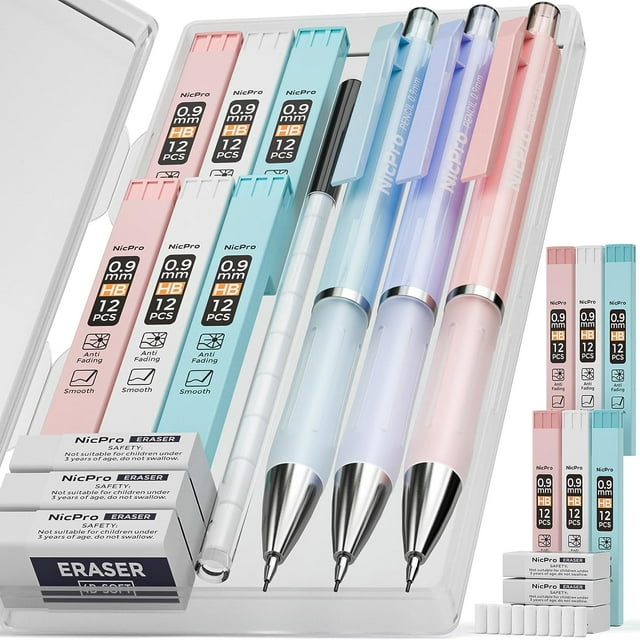 wqlpp-3PCS Pastel Mechanical Pencil Set, 0.9 Mechanical Pencil with 6 Tubes HB Lead 0.9mm, 3PCS Eraser & 9PCS Eraser Refill, Cute School Supplies for Writing, Sketching, Drafting-With Case