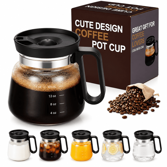 16 Oz Coffee Pot Mug, Mini Coffee Pot Mug with Spill-Proof Lid, Clear Glass Coffee Cup for Home and Office