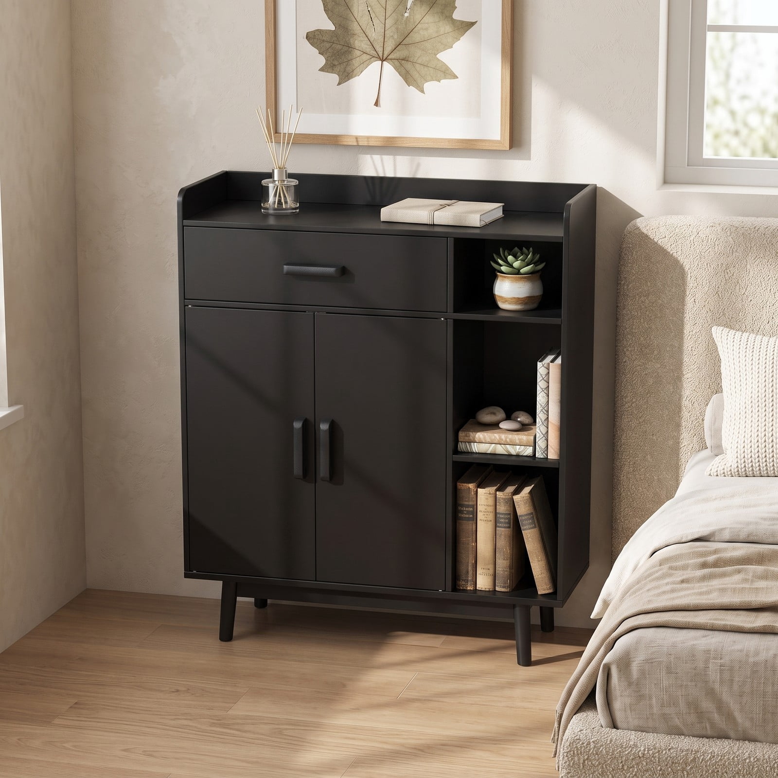Furnibear Floor Storage Cabinet Free Standing Cupboard Chest with Drawer, Double-Door Cabinet, Adjustable Shelf and 3 Open Display Shelves for Living Room, Black
