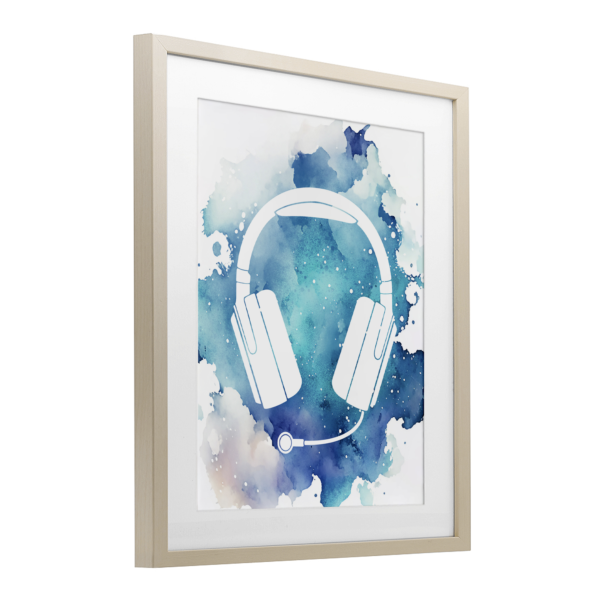 Blue Headphone Splatter Birch Framed Print Under Glass, design by Marcus Prime