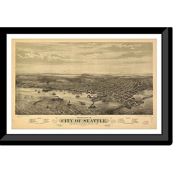 Historic Framed Print, WA Seattle 1878 MAP, 17-7/8" x 21-7/8"