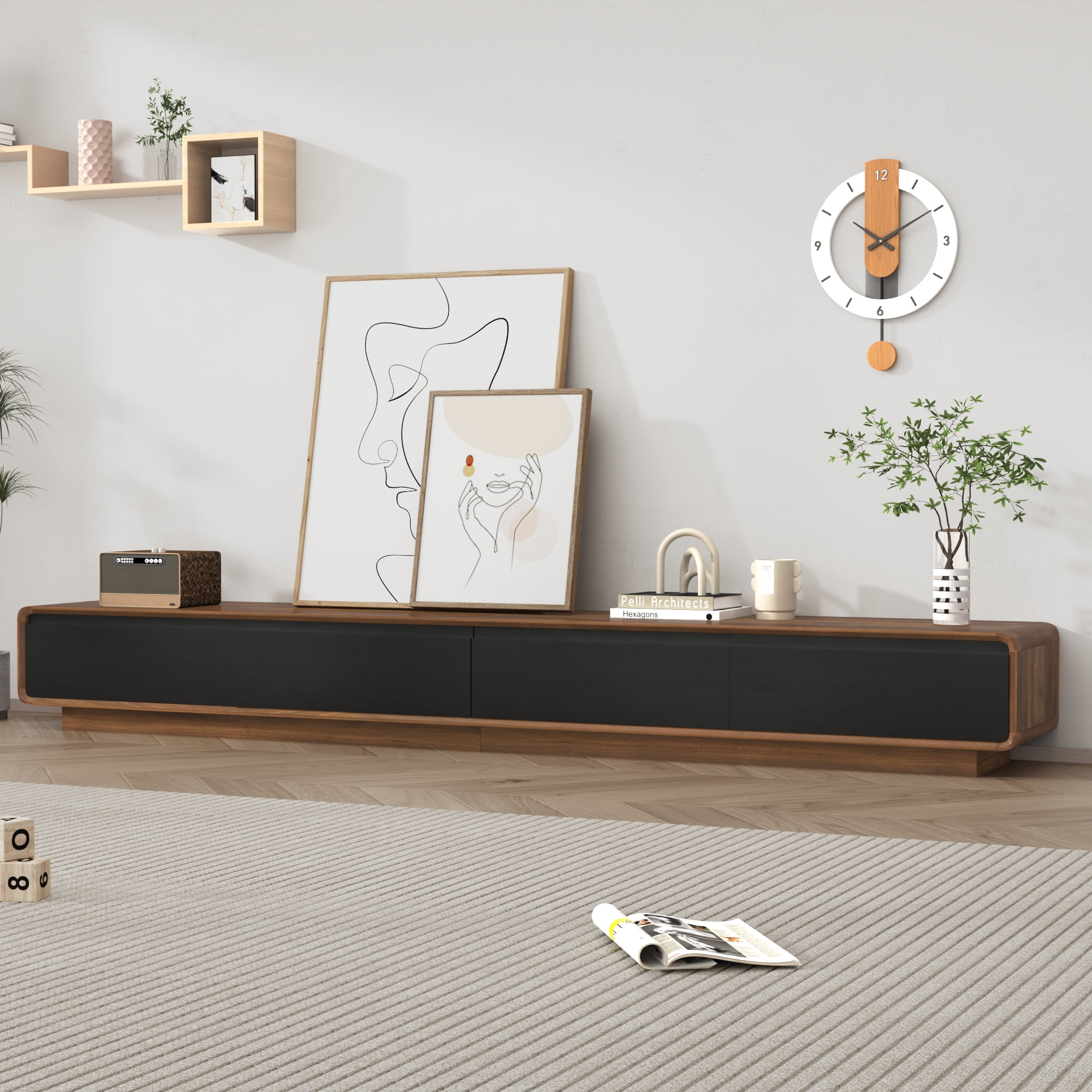 Blotout 94.5''Minimalist Floating TV Stand, Modern Wall-Mounted Media Console with 4 Drawers for Wall-mounted TV Up to 110'', Walnut & Black