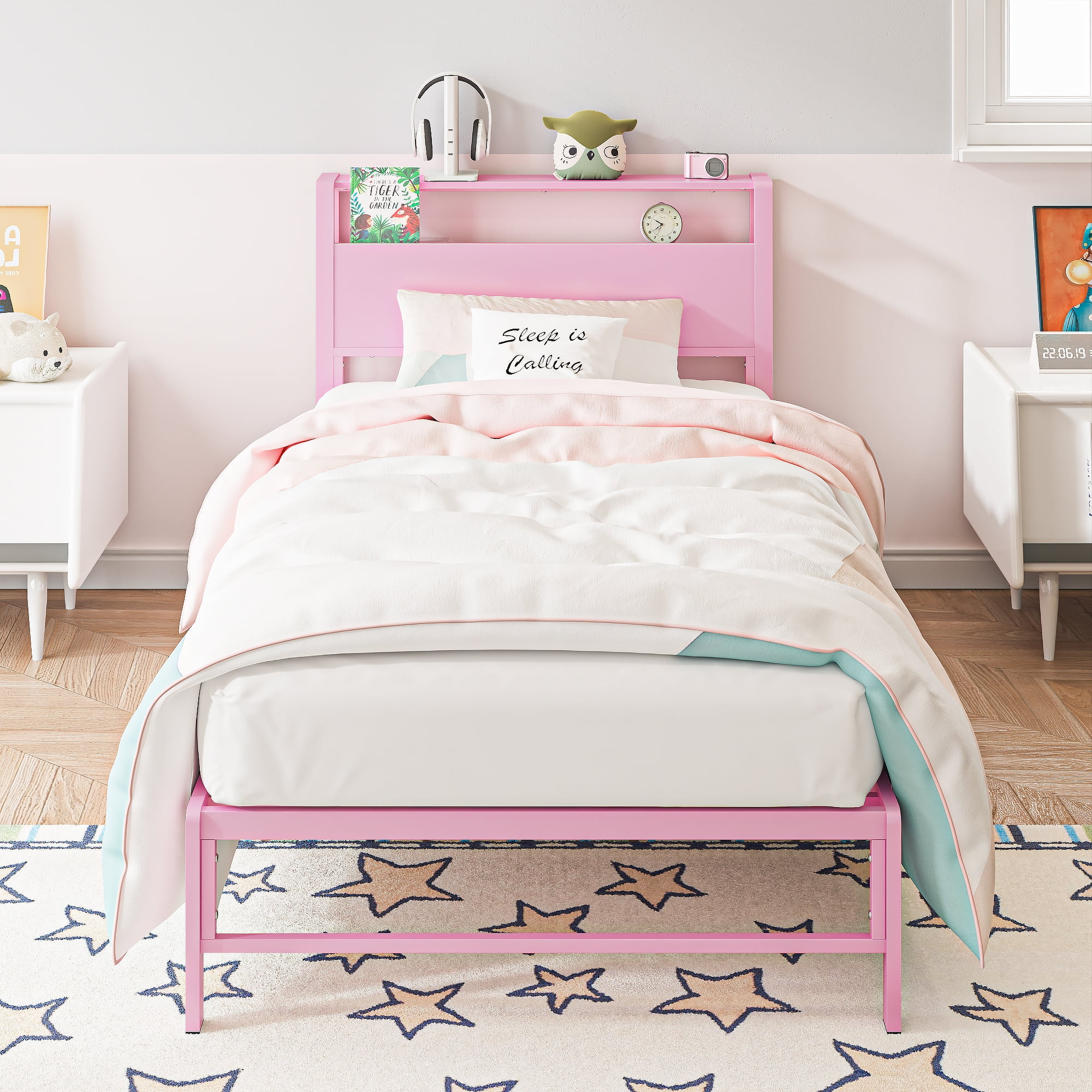Yoneston 12" Twin Metal Bed Frame with 2-Tire Storage Headboard for Girls, Heavy Duty Platform Bed Frame Bedroom Furniture, Pink