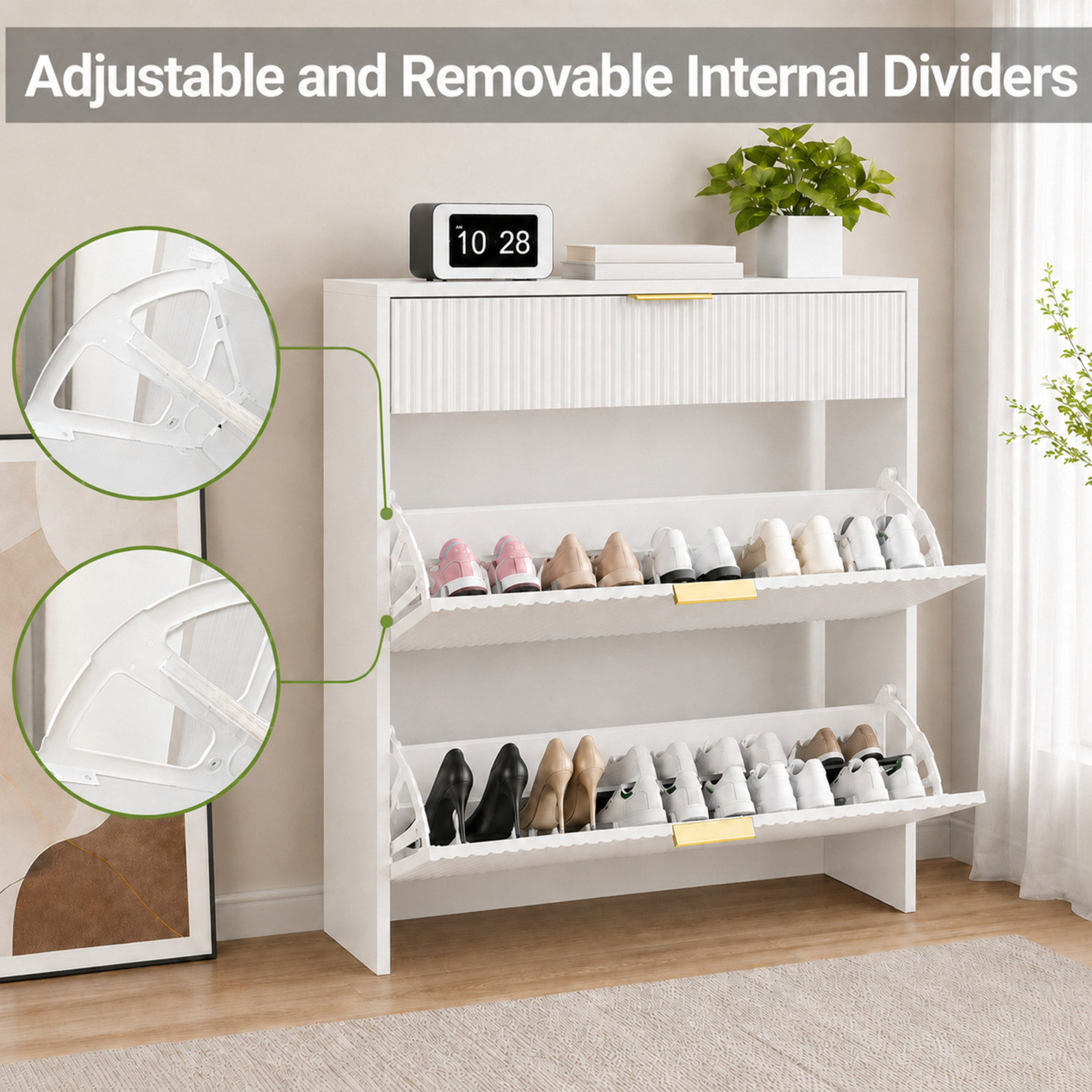 GDF Studio Solus Narrow Fluted Shoe Storage Cabinet with Gold Pull Handles, Modern Slim Hallway Organizer, White