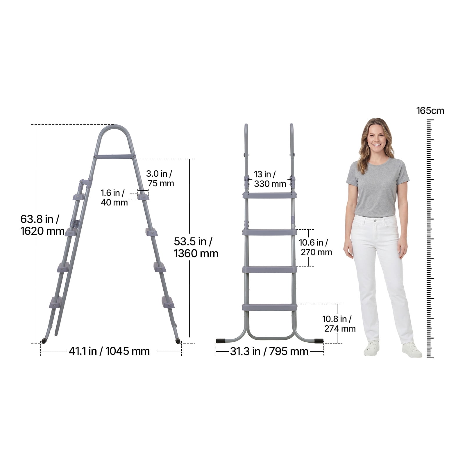 KFFKFF 4-Step Steel A-Frame Pool Ladder, Designed for Above-Ground Pools with 52-Inch Walls, 300 lbs Weight Capacity, Non-Slip Wide Steps for Safe Entry and Exit, Easy to Assemble, Outdoor Use, Gray