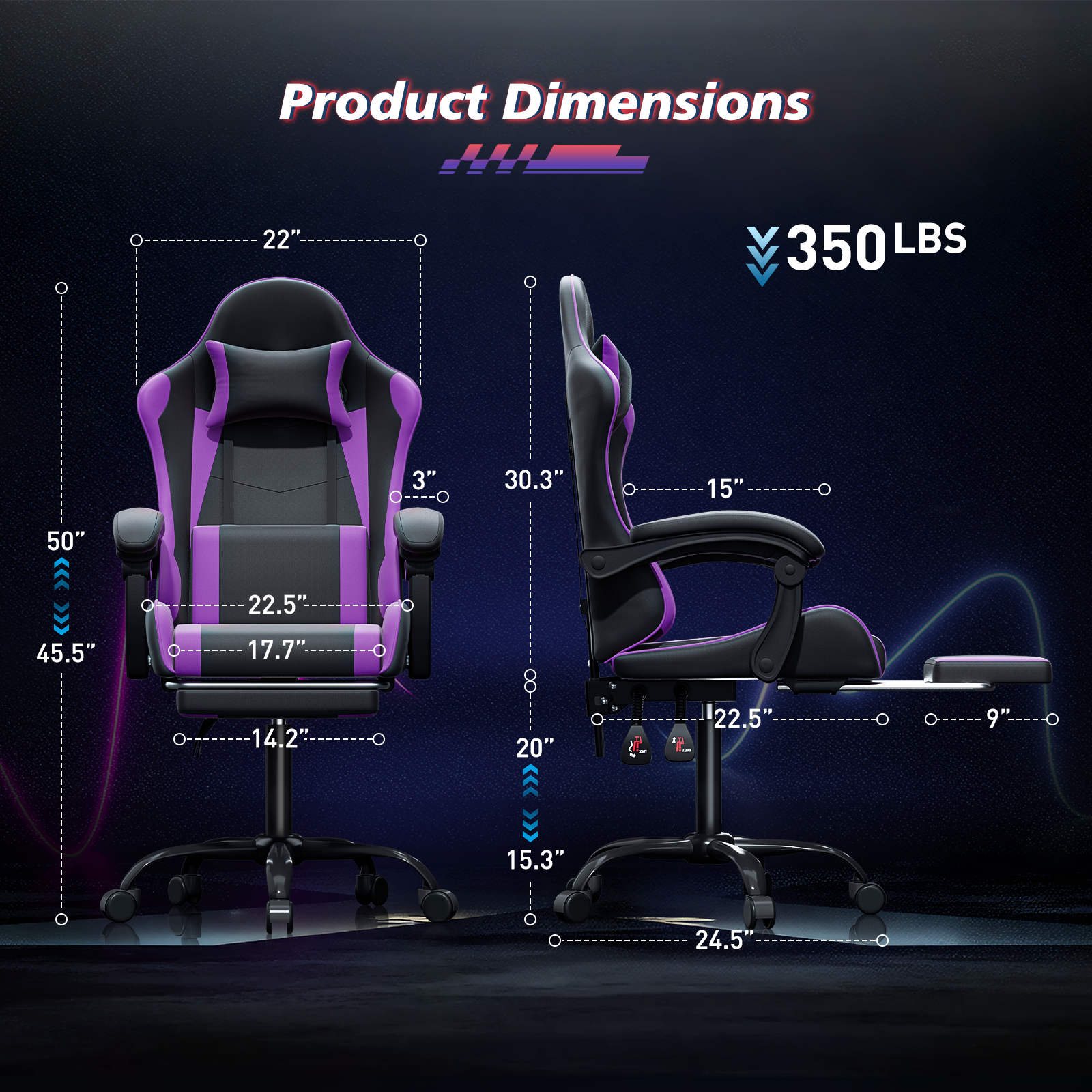Magshion Ergonomic Gaming Chair with Headrest, Lumbar Support & Footrest - Adjustable Reclining Computer Chair for Adults, High Back Office Desk Chair, 350lbs Capacity， Purple