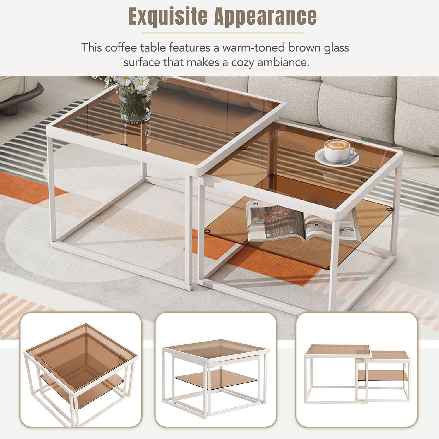Kadyn Nested Coffee Table Set, Tea Table with Metal Frame, Tempered Glass Sofa Center Table, White Kadyn Nested Coffee Table Set, Tea Table with Metal Frame, Tempered Glass Sofa Center Table, White