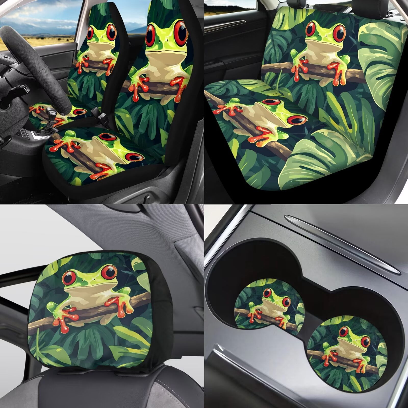 Jeiento Funny Tree Frog 11 Pieces Car Seat Cover Full Set, with Automotive Headrest Covers Coasters Gear Shift Knob Cover Handbrake Cover Keychain Universal Fit for SUV Truck Van Sedan