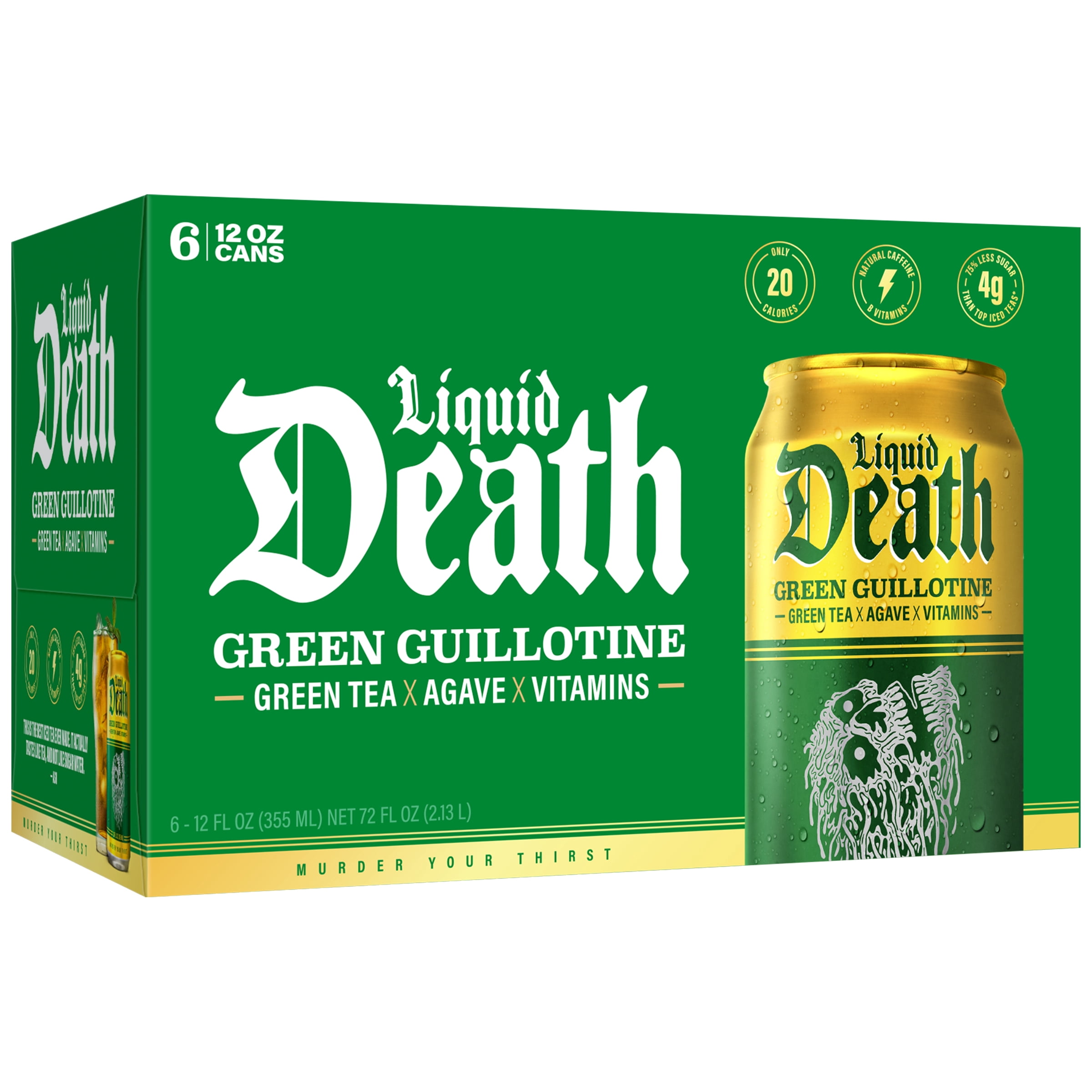 Liquid Death, Green Guillotine Iced Tea, 6-Pack (12 fl oz Cans), Green Tea, Low Calorie, No Artificial Sweeteners, B12 and B6 Vitamins