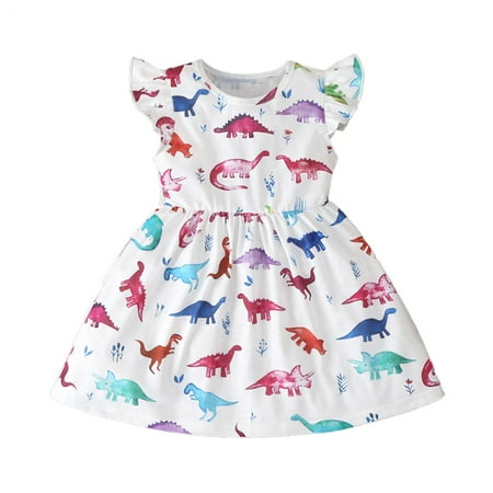 

Caitzr Summer Baby Girls Dress Casual Short Puff Sleeve Dinosaur Printed Round Neck Dress