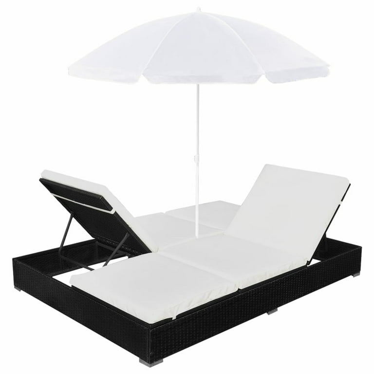 moobody Patio Chaise Lounge Sun Lounger with Umbrella Adjustable Weather Resistant Outdoor Wicker Sun Bed Poly Rattan Black 77.6