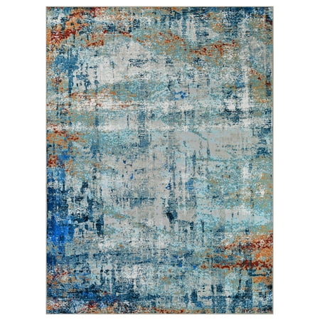 Allstar Rugs 8ft x 10ft Grey Modern Abstract Themed Polyester Area Rug with a Blue Weathered Texture Design and Rust Accents. Machine-Made in China.