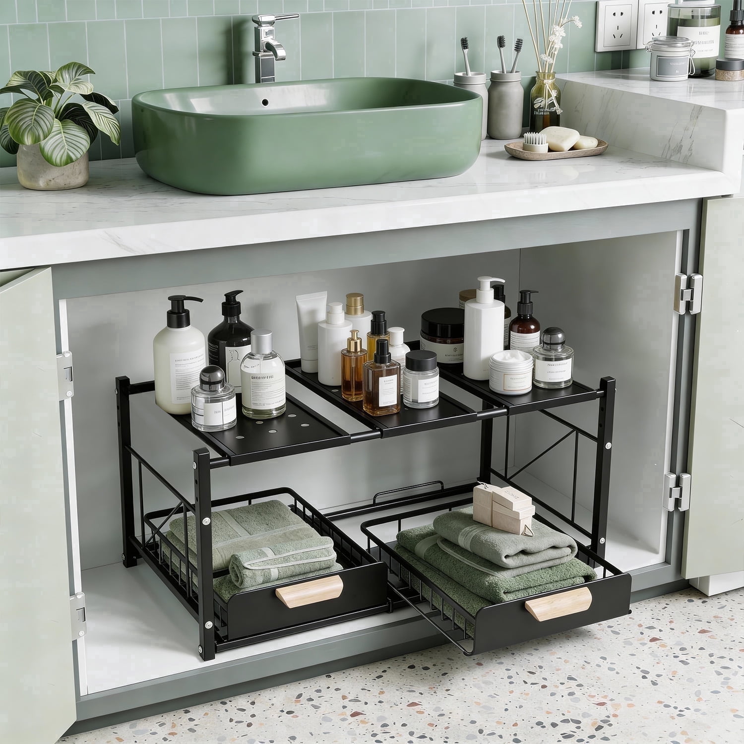 2 Tier Under Sink Organizer and Storage, Expandable Length 21.5"-31.8", Height Adjustable, 2 Sliding Drawers & Movable Top Shelves, for Bathroom & Kitchen, Black