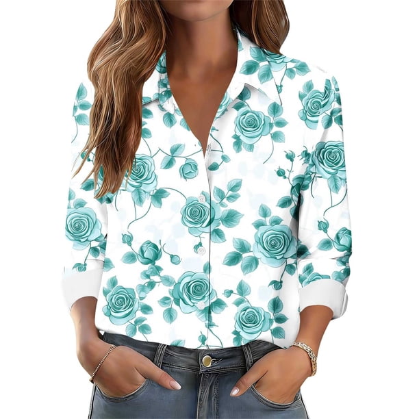 TaTaai Ladies Casual Button Down Shirt Long Sleeve Notch Lapel Floral Print Tops Breathable Cotton Relaxed Fit Blouse for Office Gift